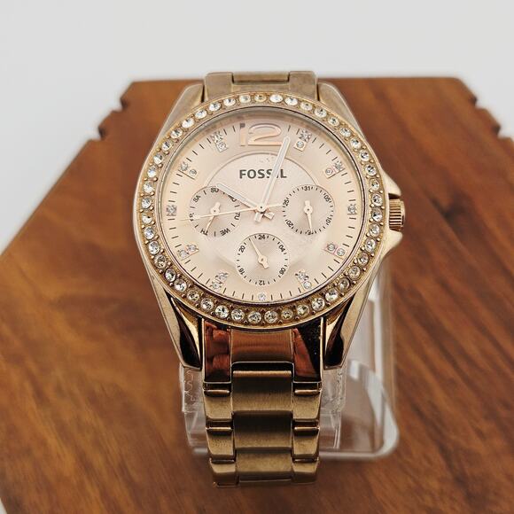 Fossil Womens Gold Tone Rhinestone Bezel Watch Boyfriend Link TLC Project ES2811 - Picture 1 of 7